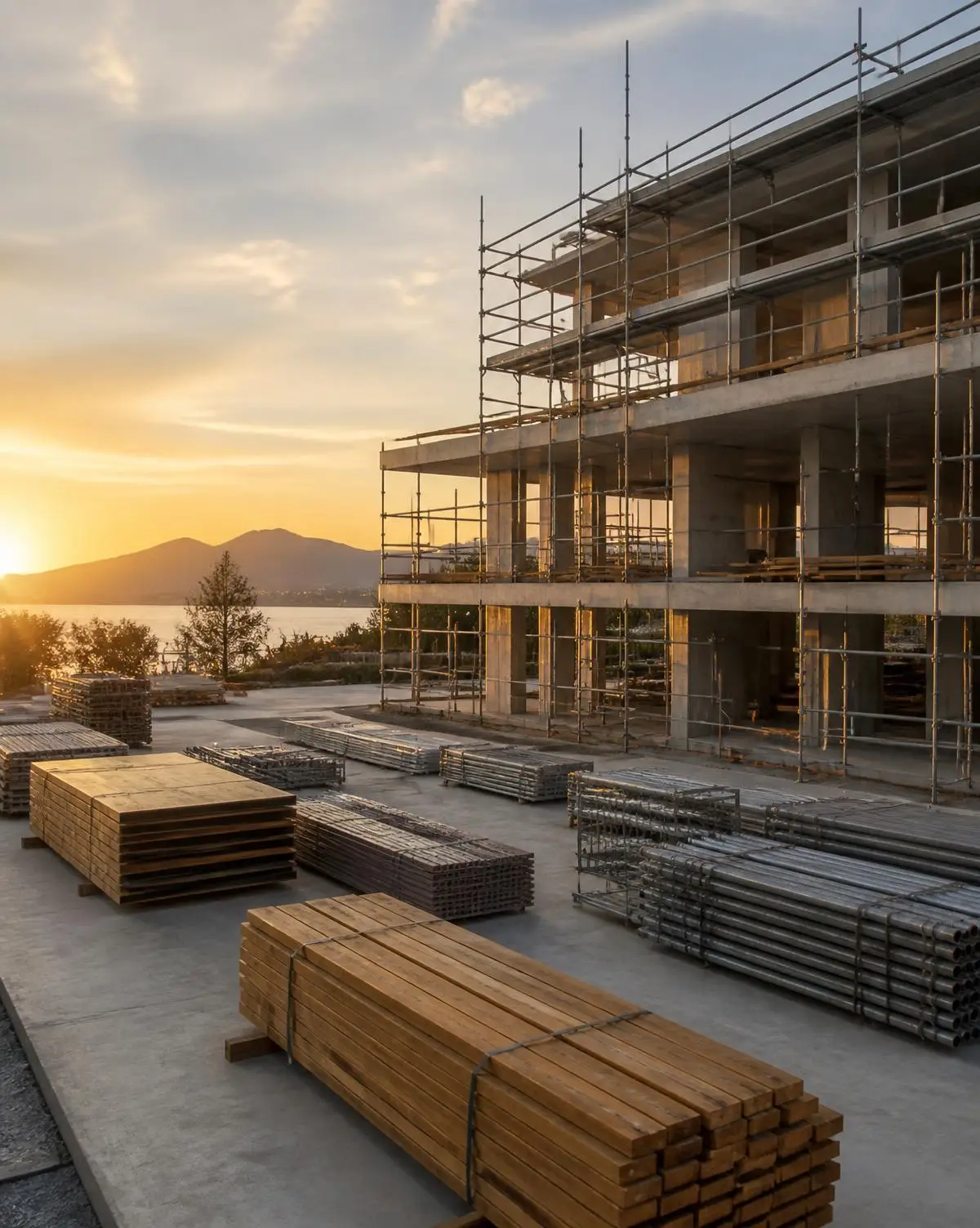 Canteiro de obra organizado ao amanhecer