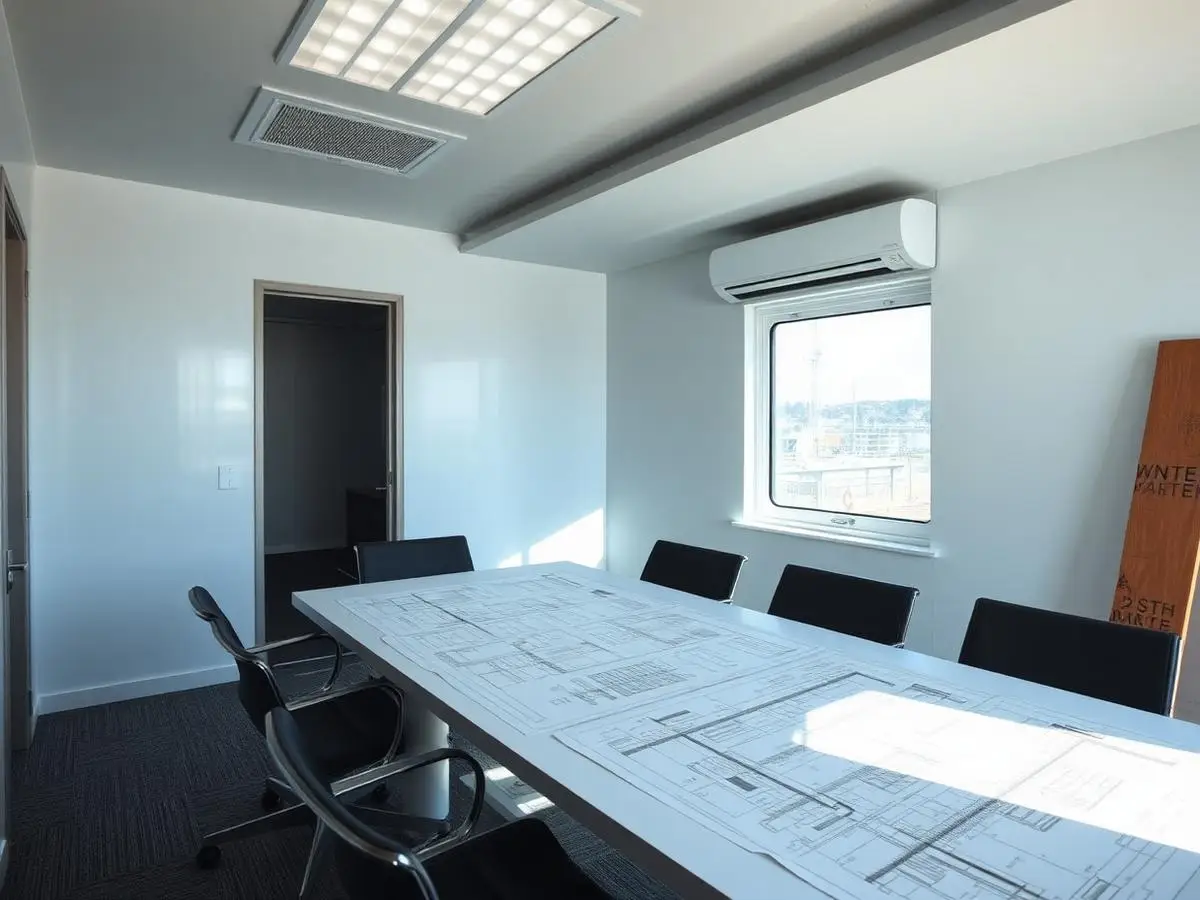 Interior de escritório modular montado em canteiro de obra